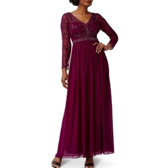 Adrianna Papell Dresses & Skirts - ADRIANNA PAPELL Illusion V-neck Long Sleeve Beaded Chiffon Gown in Bordeaux Sz 4